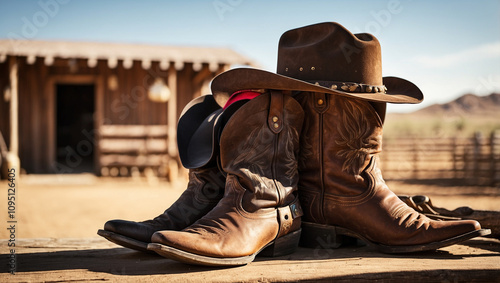Cowboy Boots and Hat Resting at a Ranch