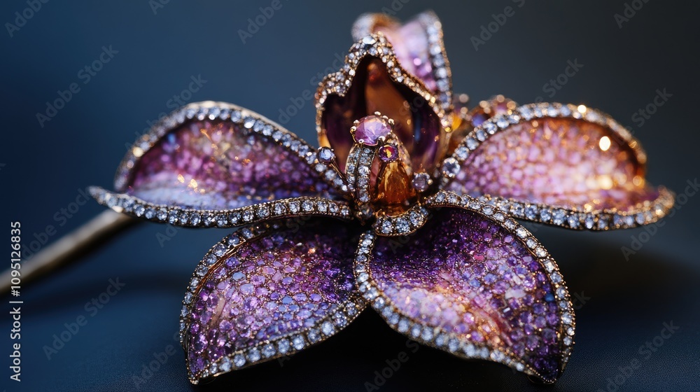 Exquisite Close-Up of a Lavishly Decorated Orchid Brooch Adorned with Sparkling Diamonds and Vibrant Gemstones, Showcasing Intricate Craftsmanship and Design Elegance Exquisite Close-Up of a Lavishly Decorated Orchid Brooch Adorned with Sparkling Diamonds and Vibrant Gemstones, Showcasing Intricate Craftsmanship and Design Elegance