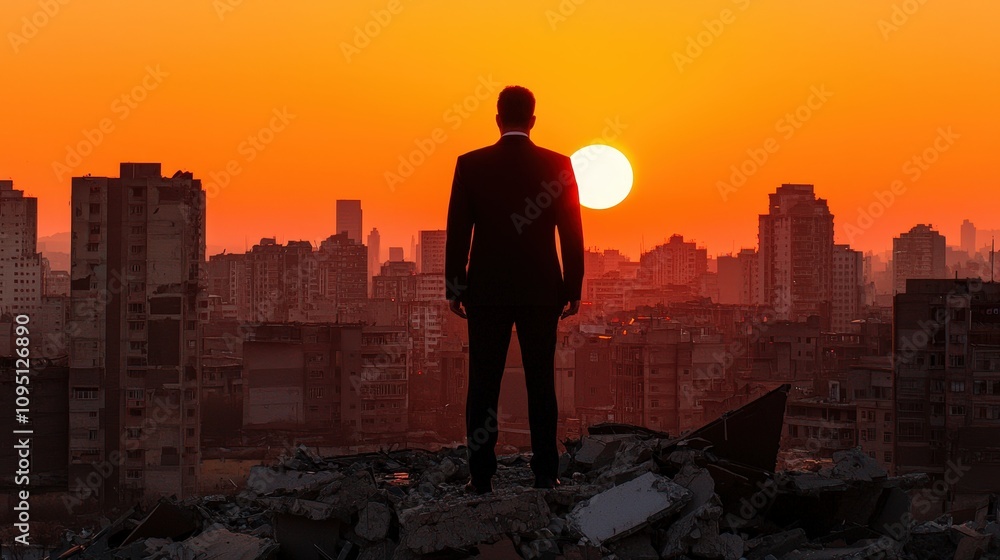 Post Apocalyptic Cityscape Businessman at Sunset Post Apocalyptic Cityscape Businessman at Sunset