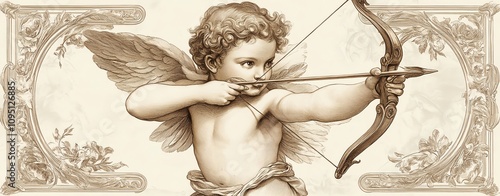 Cupid with Bow and Arrow engraving sketch PNG