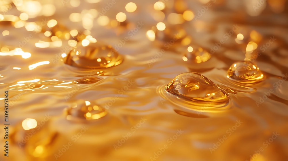 Close-up of golden water droplets reflecting light, creating a serene and captivating visual of nature's beauty. Close-up of golden water droplets reflecting light, creating a serene and captivating visual of nature's beauty.