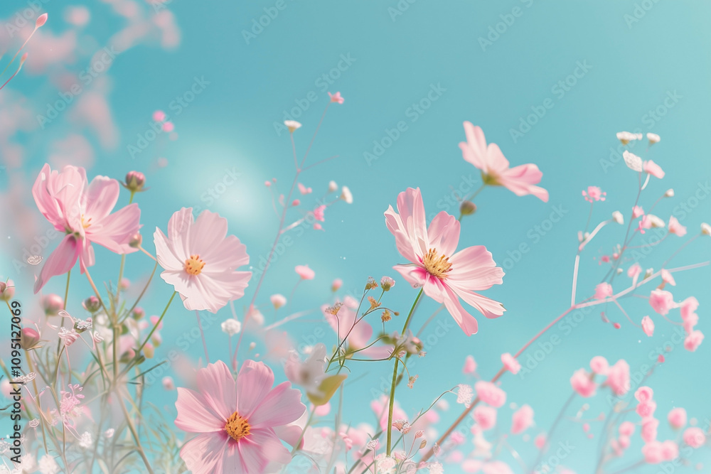 spring pink flowers on blue sky background spring pink flowers on blue sky background