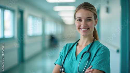 Confident Female Doctor Standing In Brightly Lit Hospital Hallway