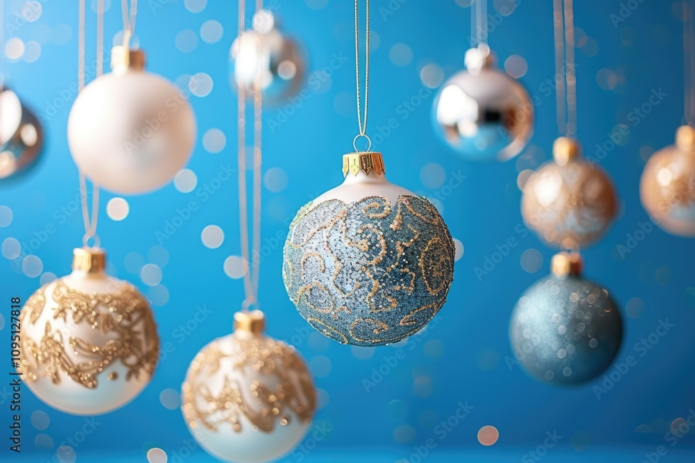 A group of Christmas ornaments hanging from strings, perfect for holiday decoration and gift wrapping A group of Christmas ornaments hanging from strings, perfect for holiday decoration and gift wrapping