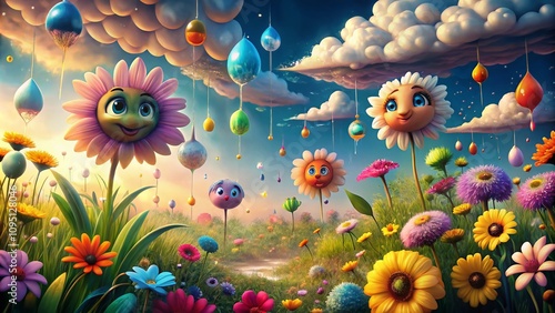 Surreal Imagery of Cartoon Raindrops Dancing in a Whimsical Landscape with Colorful Clouds and Dreamlike Atmosphere, Inviting Imagination and Playfulness in Every Drop photo