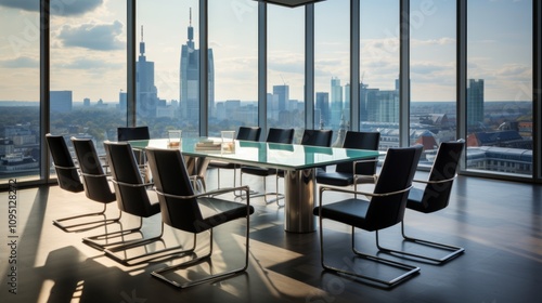 Bright modern meeting room featuring large glass conference table and city view through big windows