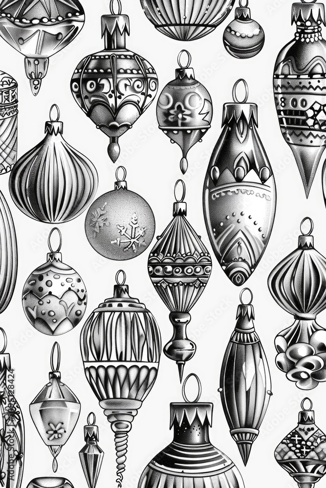 Fototapeta premium Black and white illustration of Christmas ornaments