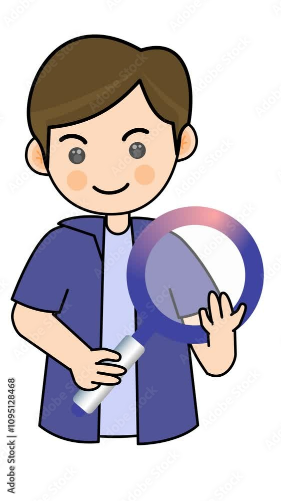 A cute boy holding a magnifying glass in a cartoon animation. Alpha channel. Seamless looping. Suitable for adorable stickers and research knowledge video content A cute boy holding a magnifying glass in a cartoon animation. Alpha channel. Seamless looping. Suitable for adorable stickers and research knowledge video content