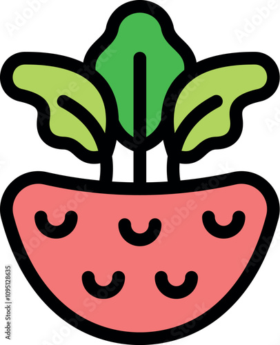 Colorful illustration of half a beetroot with leaves growing from the top, representing fresh, organic, and healthy food