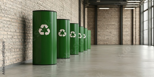Wallpaper Mural Electric vehicle battery recycling. A row of green recycling bins against a modern industrial interior, promoting sustainability and eco-friendly practices. Torontodigital.ca