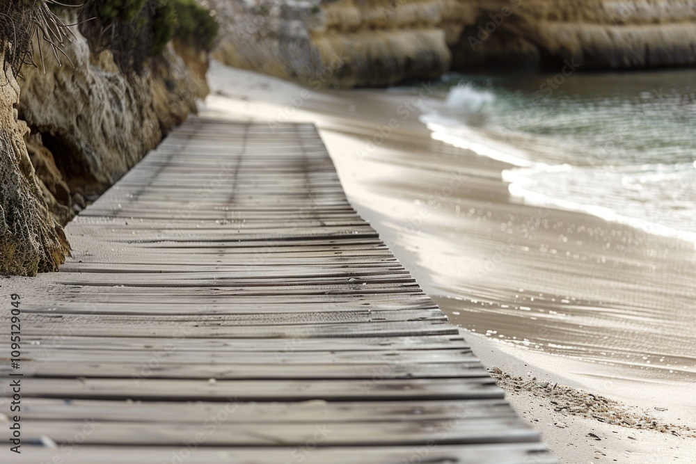 Cozy wooden pathway along the sandy beach, overlooking the vast ocean Cozy wooden pathway along the sandy beach, overlooking the vast ocean