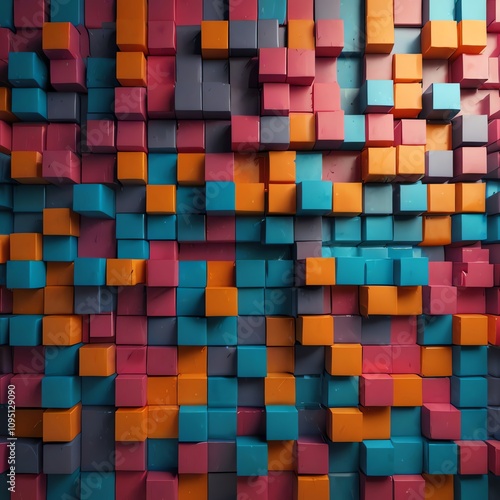 Abstract Colorful Cube Mosaic: A 3D Render of Interlocking Blocks