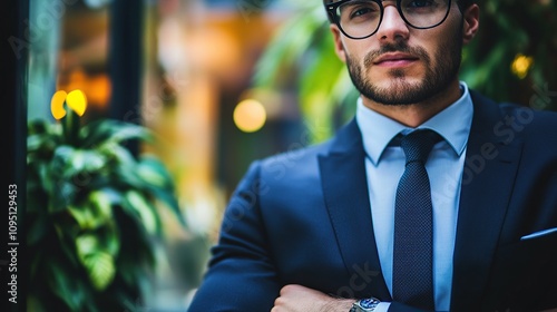 A confident man in a suit poses with arms crossed among greenery.