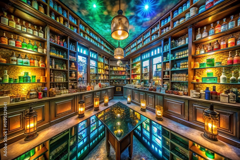 Surreal Pharmacy Dreamscape: A Whimsical Journey Through a Zephyrhills Drugstore with Floating Shelves, Colorful Bottles, and Distorted Reflections in a Mystical Atmosphere