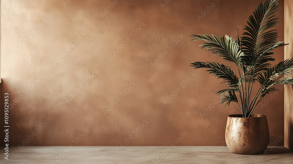 Warm-Toned Wall with Minimalist Green Plant Accent and Artistic Natural Decor Warm-Toned Wall with Minimalist Green Plant Accent and Artistic Natural Decor