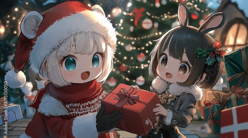 A chibi polar bear in a fluffy scarf and Christmas sweater hands a gift to a chibi rabbit dressed in a Santa coat, while a chibi mouse in a sparkly Christmas dress opens a present. photo