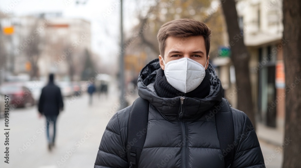 Man Wearing Mask in Urban Environment Amid Pollution Man Wearing Mask in Urban Environment Amid Pollution