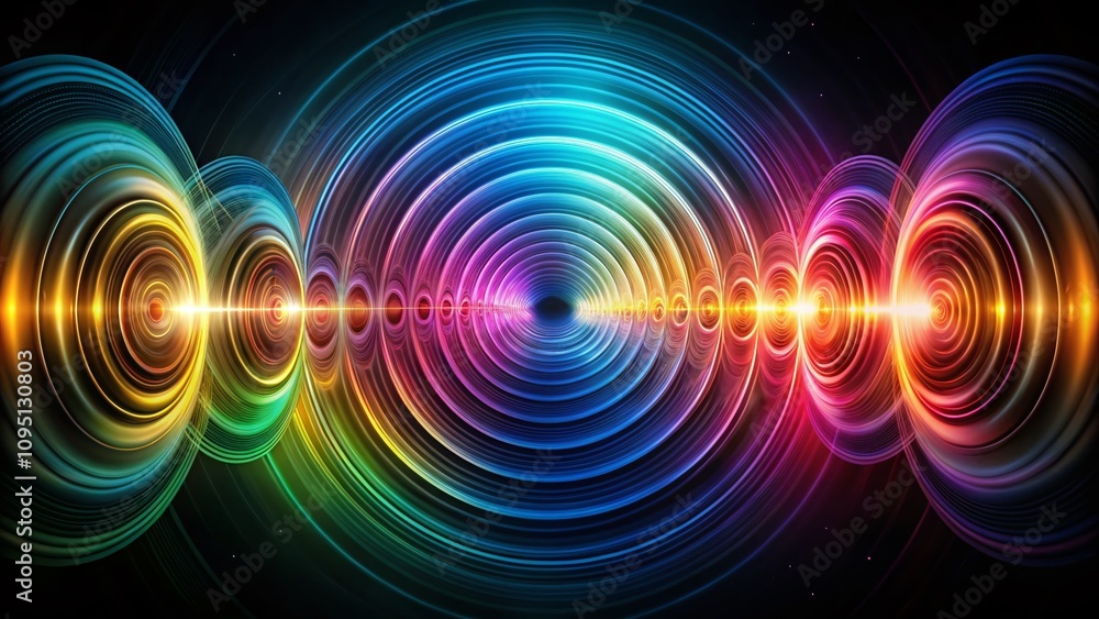 Surreal Representation of Sound Pulsation Circles Depicting Radio Waves on a Black Background with Vibrant Color Contrast and Dreamlike Effects Surreal Representation of Sound Pulsation Circles Depicting Radio Waves on a Black Background with Vibrant Color Contrast and Dreamlike Effects
