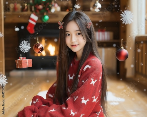  a young Asian woman sitting alone on a polished wooden floor, wearing a playful red sweater with reindeer prints,Christmas ornaments, gift boxes, and snowflakes floating around her photo