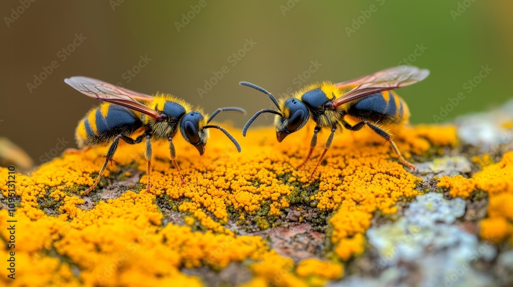 Two wasps face each other on bright yellow lichen. Two wasps face each other on bright yellow lichen.