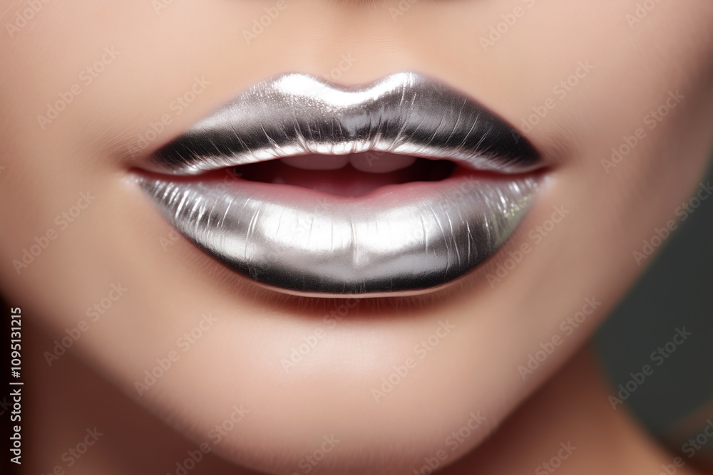 Fototapeta premium womens lips close-up painted bright silver shiny lipstick