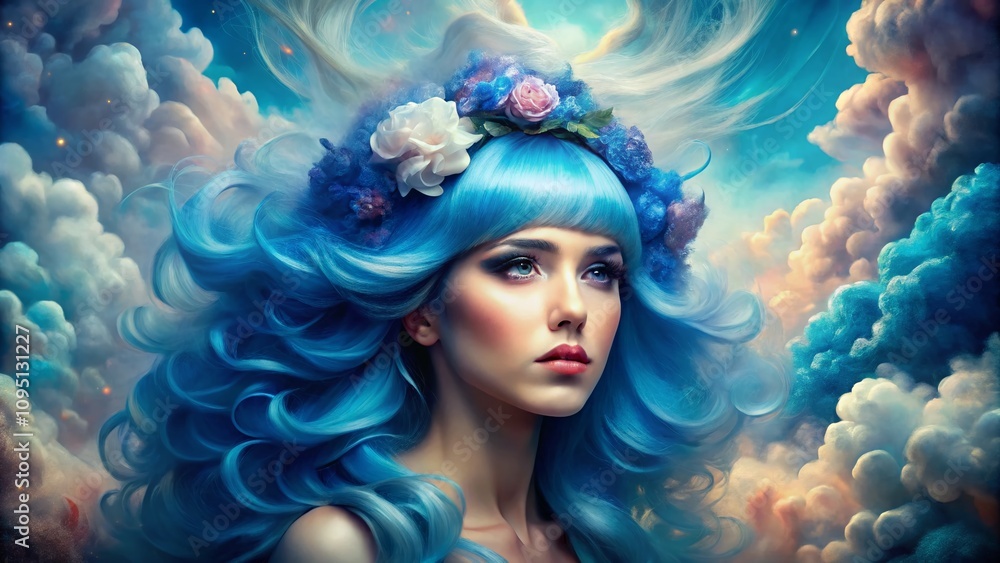 Surreal Scene Featuring a Dreamlike Blue Lace Front Wig Surrounded by Ethereal Clouds and Colorful Abstract Elements, Creating a Mystical Atmosphere of Fantasy and Imagination Surreal Scene Featuring a Dreamlike Blue Lace Front Wig Surrounded by Ethereal Clouds and Colorful Abstract Elements, Creating a Mystical Atmosphere of Fantasy and Imagination
