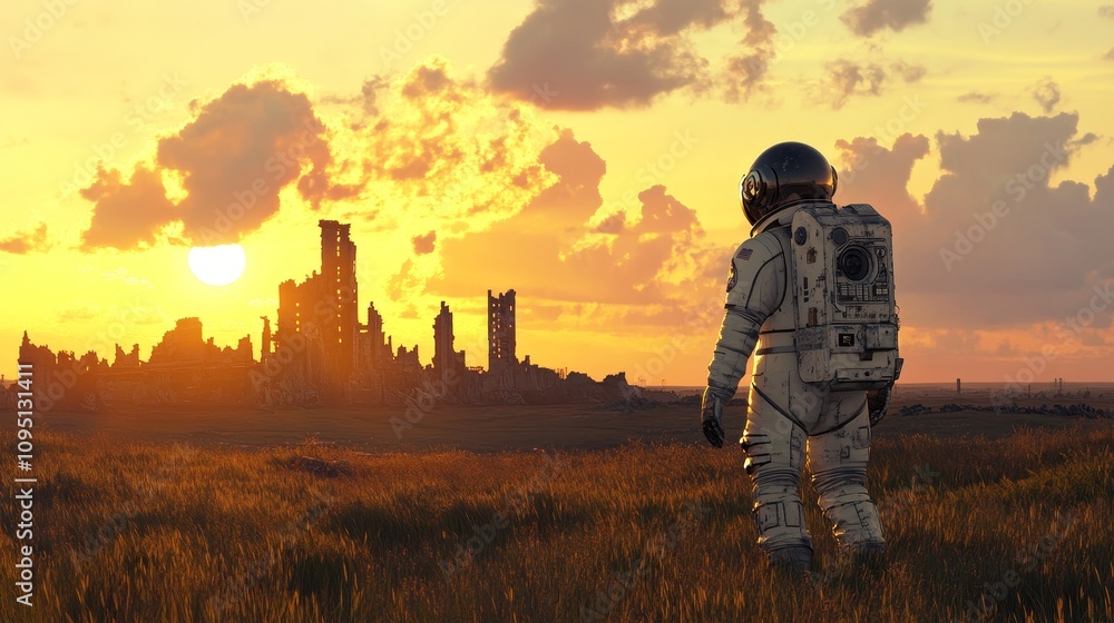 Retro-Futuristic Space Explorer in Space Suit at Sunset Field with Old City Ruins Background Retro-Futuristic Space Explorer in Space Suit at Sunset Field with Old City Ruins Background