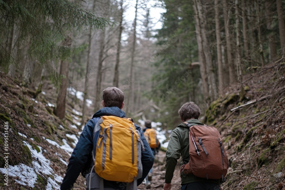 Couple walking on trail in woods Couple walking on trail in woods