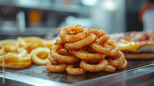 Golden Crispy Onion Rings Stacked on a Tray