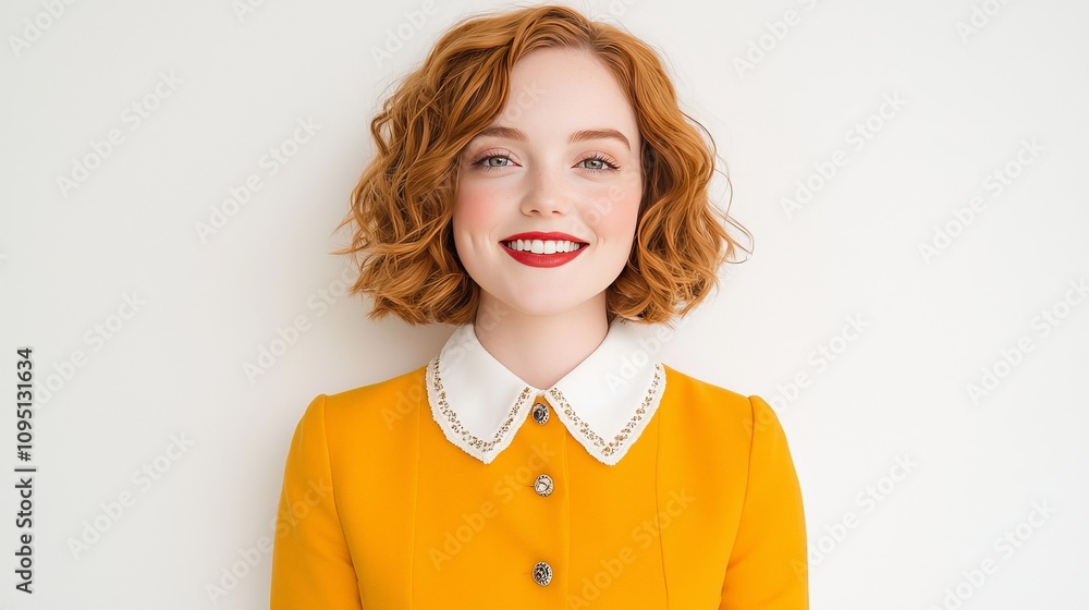 Happy redhead woman in yellow dress smiling at camera. Happy redhead woman in yellow dress smiling at camera.