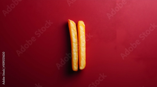 Two Golden French Fries on a Vibrant Red Background