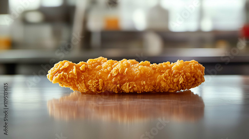 Crispy Golden Fried Chicken Tender on a Table - A perfectly cooked golden-brown fried chicken tender placed on a reflective table surface.