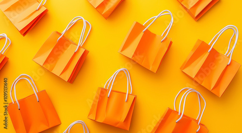 Sacolas de compras laranja vibrantes em fundo amarelo brilhante, exibindo varejo moderno e design ecológico photo