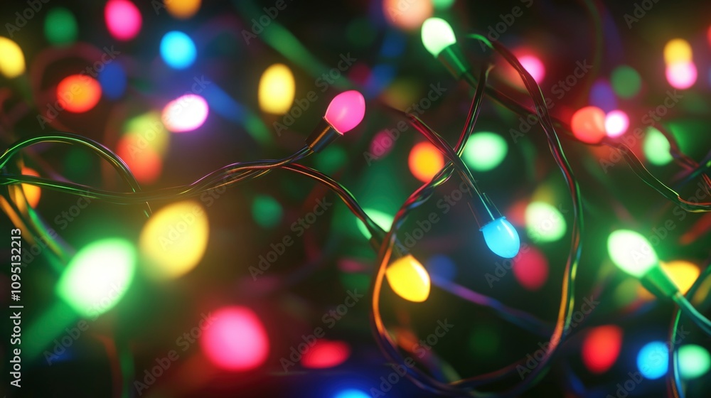 Christmas lights, with vibrant green, red, blue, and yellow bulbs, glowing Christmas lights, with vibrant green, red, blue, and yellow bulbs, glowing