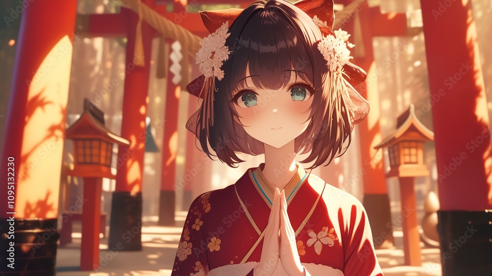 Fototapeta premium 神社で初詣のお参りをするアニメ調の日本人美少女