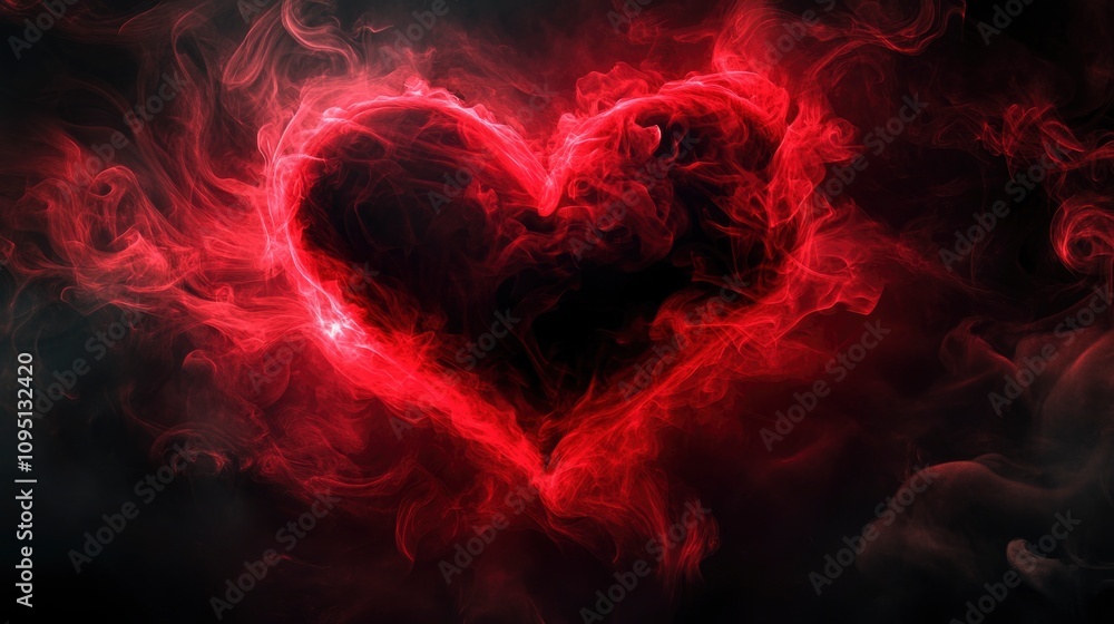 A heart made of swirling red and black smoke, with tendrils of vapor curling A heart made of swirling red and black smoke, with tendrils of vapor curling