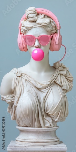 A white marble statue of ancient greek godness wearing modern red heart shape