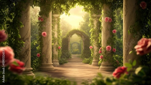 Enchanted garden with towering marble columns covered in blooming roses
