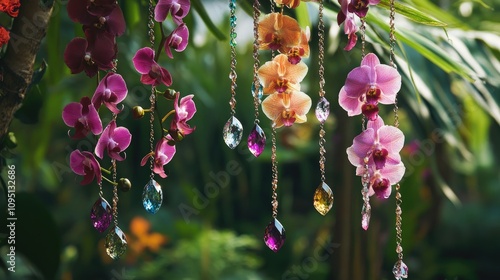 Wallpaper Mural Elegant and Colorful Orchid Flowers with Sparkling Crystals Hanging in a Lush Tropical Garden Setting, Perfect for Nature and Floral Art Themes Torontodigital.ca