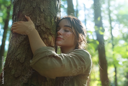 Fototapeta Naklejka Na Ścianę i Meble -  A woman embracing a tree in a dense forest environment, perfect for uses such as environmental or nature-related themes