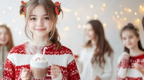 A joyful girl in a red and white Christmas sweater holding a steaming cup of hot chocolate with whipped cream and candy canes photo