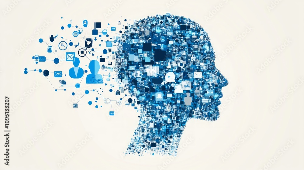 Abstract head profile formed by digital icons, representing information overload or digital transformation. Abstract head profile formed by digital icons, representing information overload or digital transformation.
