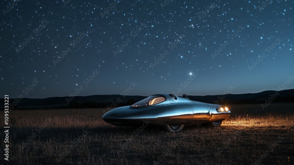 Futuristic Time Machine Illuminated by Stars in Midnight Field Futuristic Time Machine Illuminated by Stars in Midnight Field