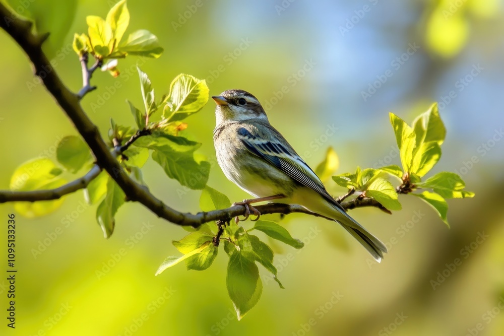 Obraz premium A small bird sits peacefully on the branch of a tree, possibly preparing to take flight