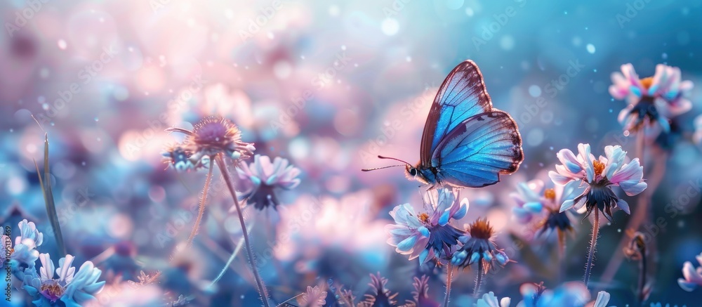 Blue Butterfly on Delicate Flowers in a Sunlit Meadow Blue Butterfly on Delicate Flowers in a Sunlit Meadow