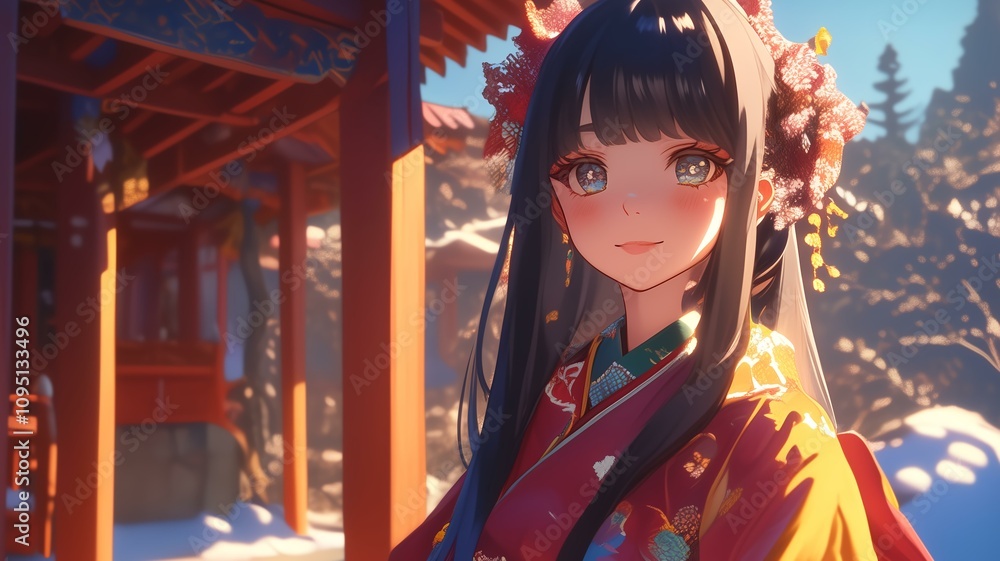 Fototapeta premium 神社で初詣のお参りをするアニメ調の日本人美少女