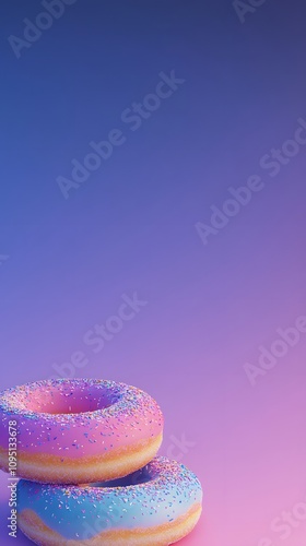 Food photography featuring colorful doughnuts on the left side of the frame, set against a solid color background with a purple and blue gradient