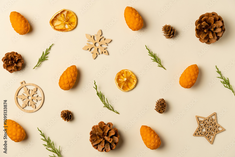 Christmas or new year composition on beige background. Flat lay, top view. Christmas or new year composition on beige background. Flat lay, top view.