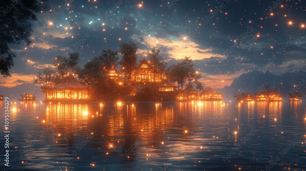 A serene lakeside scene at dusk, illuminated by glowing structures and floating lights. A serene lakeside scene at dusk, illuminated by glowing structures and floating lights.