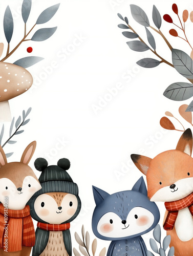 a winter white poster, rough texture with tiny woodland animals rabbits, foxes, owls peeking from the sides wearing scarves and hats. Snow-covered branches and mushrooms grow around the frame photo